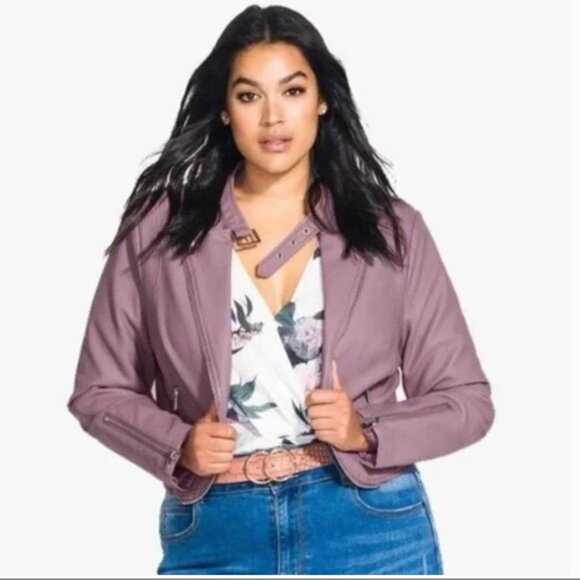 City Chic Jackets & Blazers - City Chic Women's Cropped Faux Leather Moto Jacket Mauve Size 20